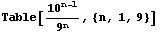 Table[10^(n - 1)/9^n, {n, 1, 9}]